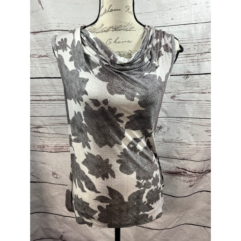 Cabi XS Floral Cowl Neck Sleeveless Tank Top Blouse Gray‎ White